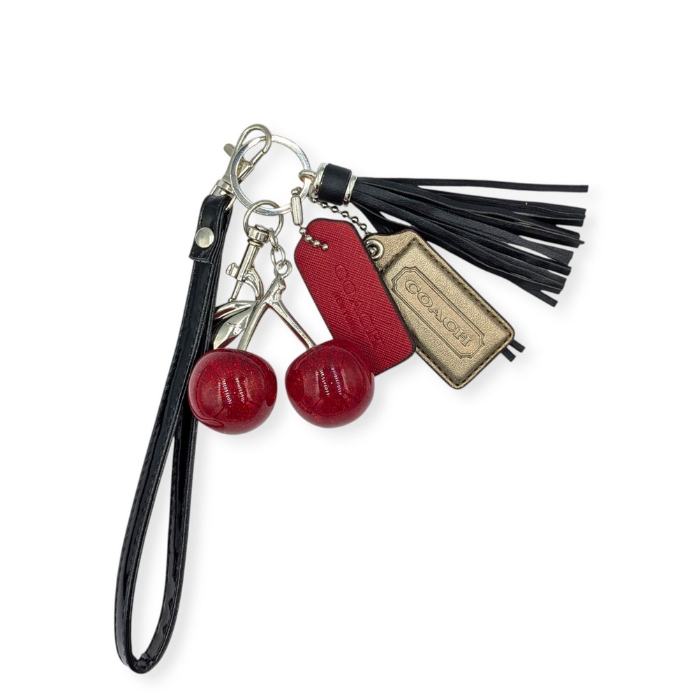 Coach Hangtags with Bag Charms Red Cherry Black Tassel Gold Red Glitter Keychain